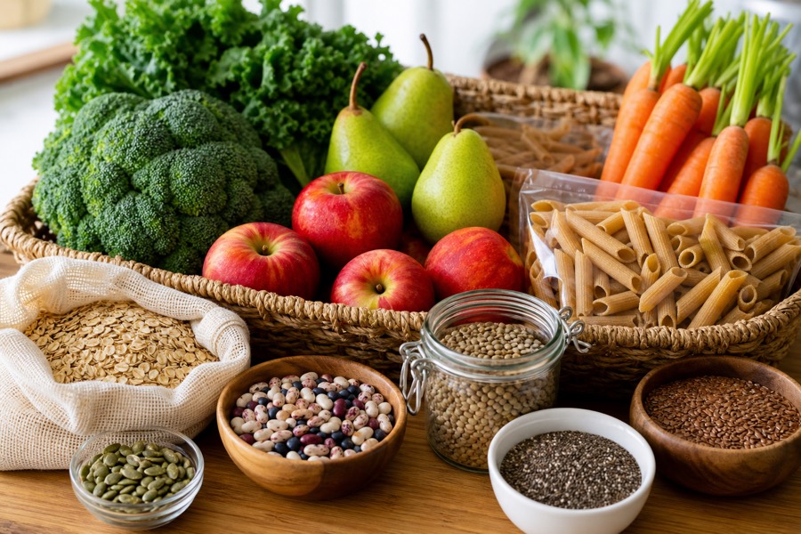 Grocery basket filled with high-fiber foods including fruit, vegetables, oats, beans and whole grains