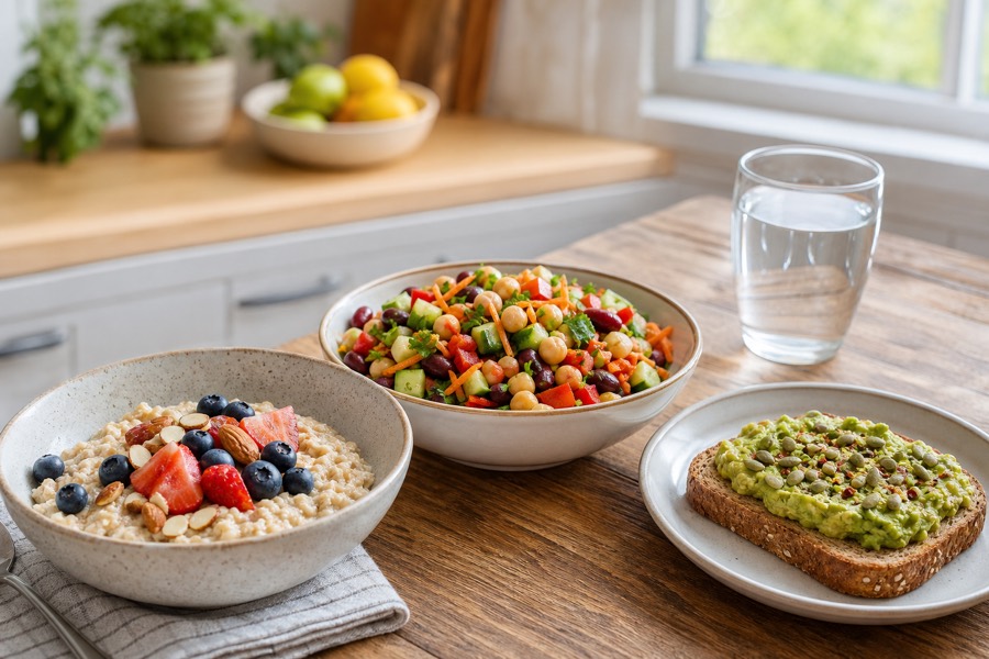 Simple high-fiber meal ideas with oatmeal, bean salad, whole grain toast and water