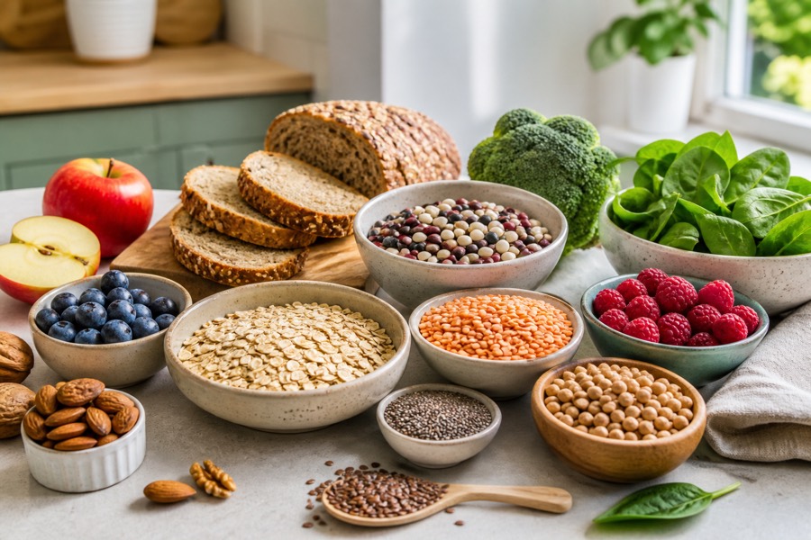 High-fiber foods including oats, berries, beans, lentils, whole grain bread, nuts and greens